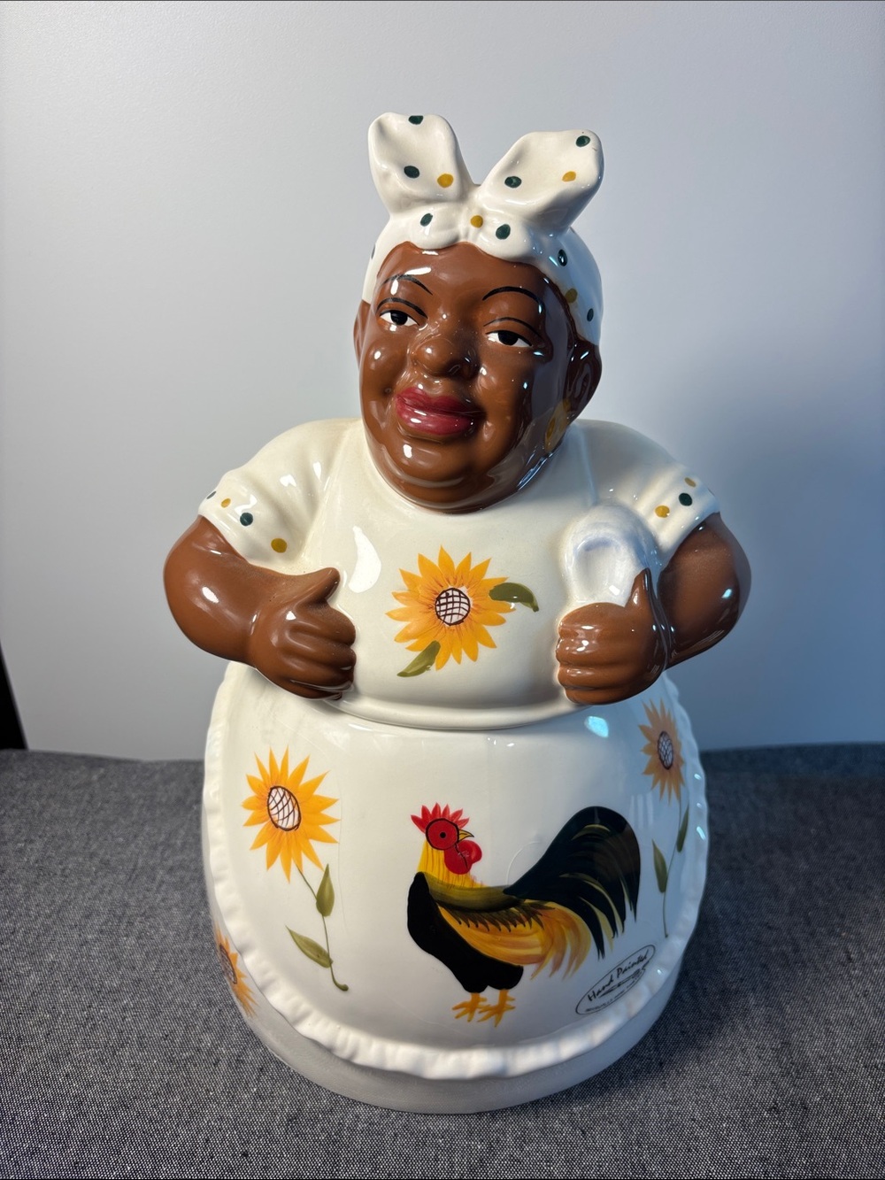 Vintage. Lady in Yellow with Sunflower Rooster Ceramic Cookie Jar.